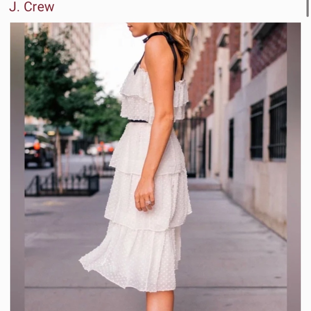 NWT JCrew White Silk Swiss-Dot 2 Tiered Black Shoulder-tie dress